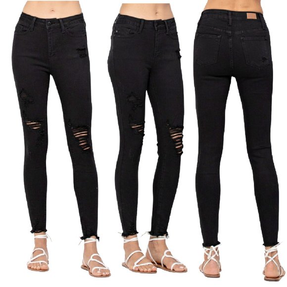 New Judy Blue High Waist Jet Black Destroyed Skinny Jeans - Picture 1 of 7